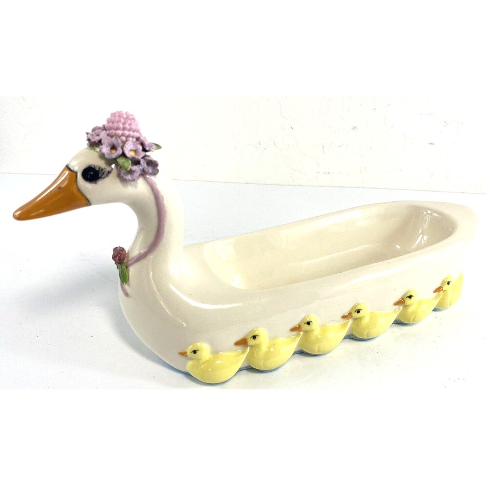 Vtg White Ceramic Duck with Ducklings Cracker Food Tray Signed Floral Hat